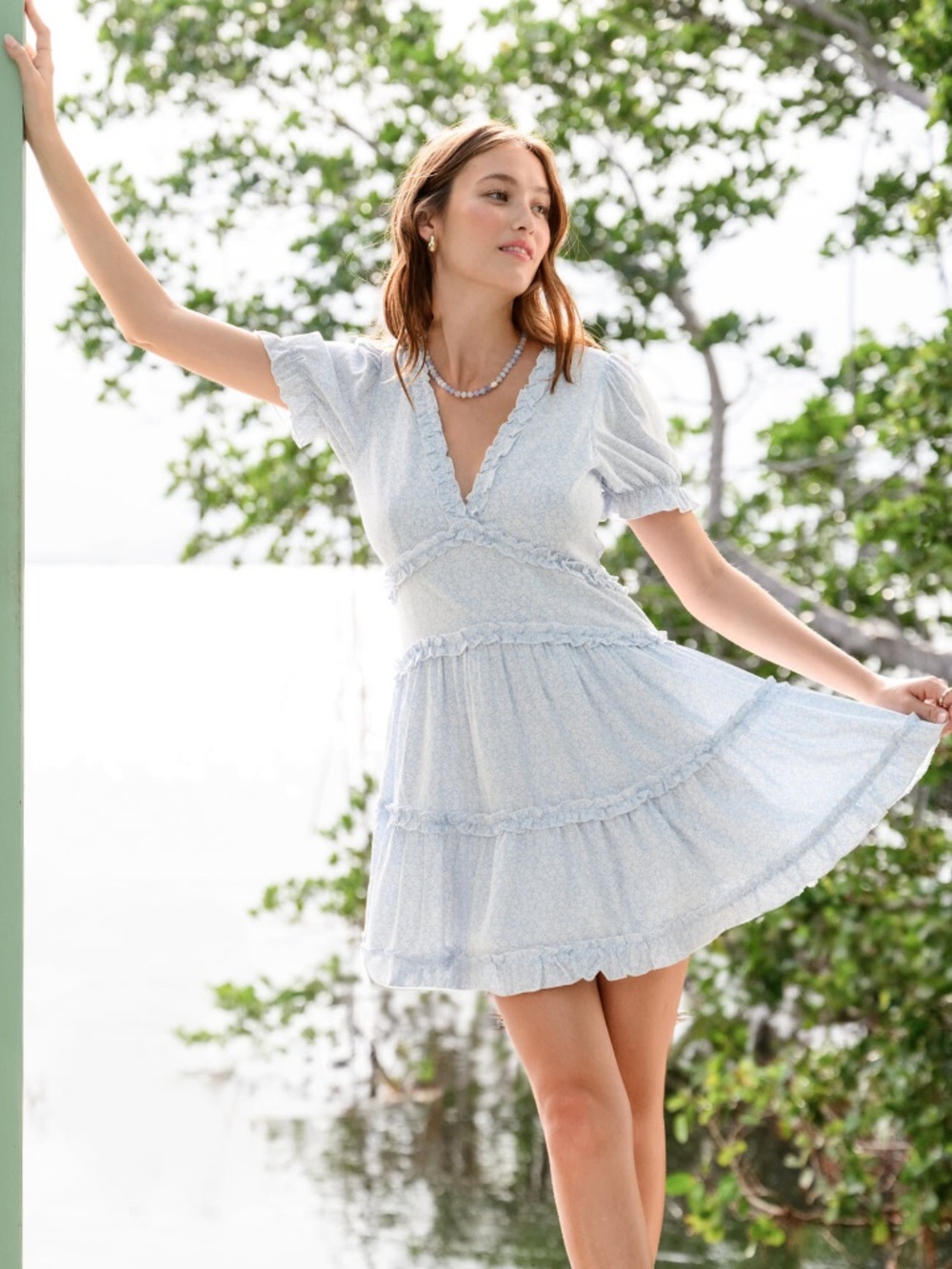 NWT Altar'd State Light Blue Ditsy Floral Ruffle Open Back Dress M